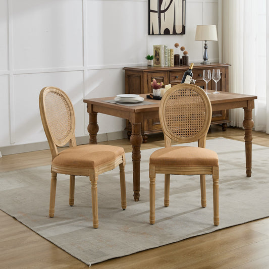 GOMYHOME Tan French Linen Fabric Cane-Back Dining Chairs, Set of 2