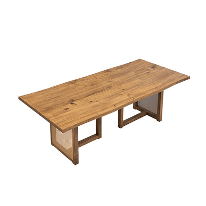 GOMYHOME 86.6" Rectangular Dining Table for 6, Wood & Rattan Base, Oak Finish