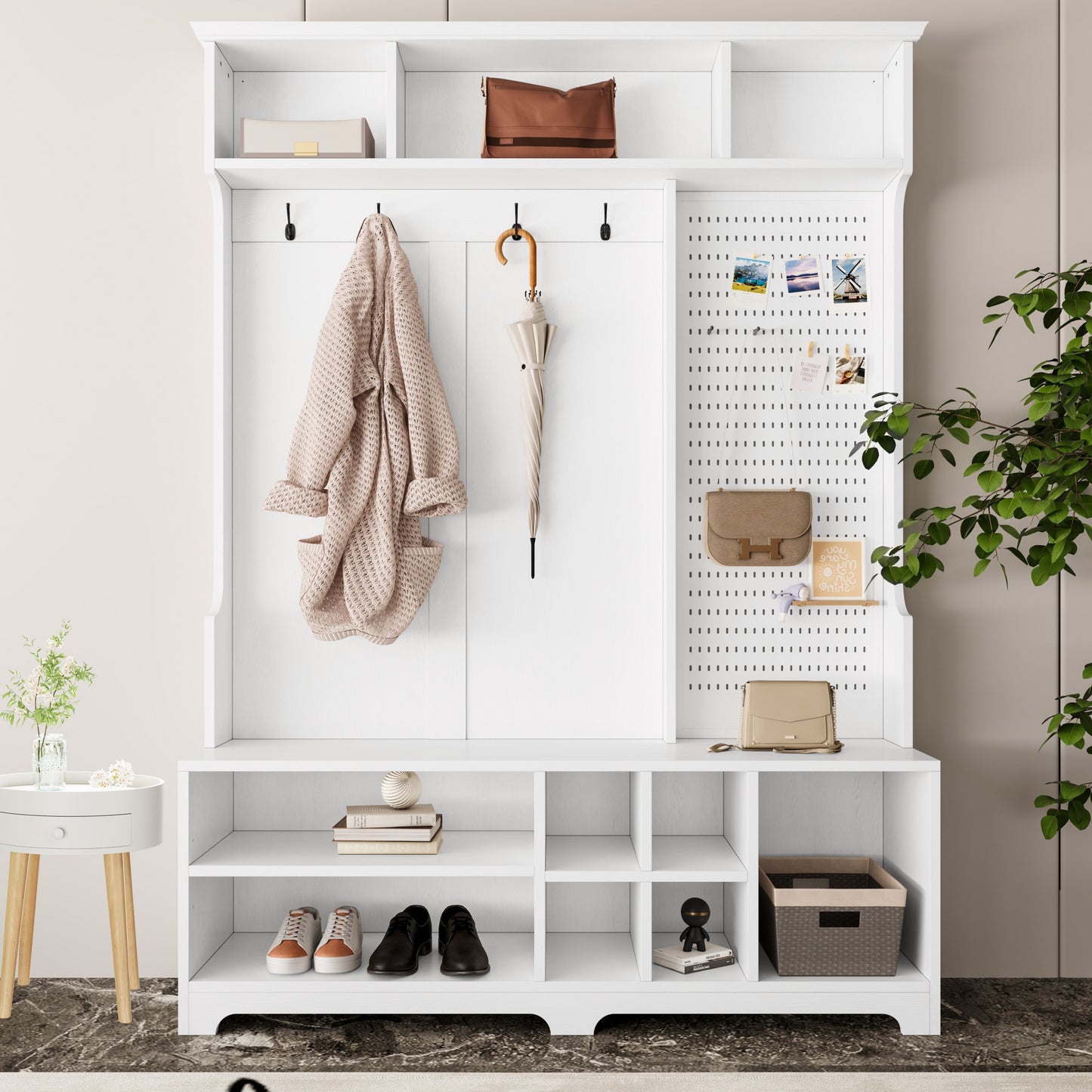 Hall Tree with Shoe Bench, Coat Rack, Storage Shelves & Pegboard, White