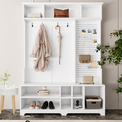 Hall Tree with Shoe Bench, Coat Rack, Storage Shelves & Pegboard, White