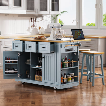 Large Kitchen Island with Drop Leaf & 2 Bar Stools, Power Outlet, Storage, Grey Blue
