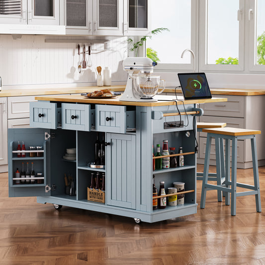 Large Kitchen Island with Drop Leaf & 2 Bar Stools, Power Outlet, Storage, Grey Blue