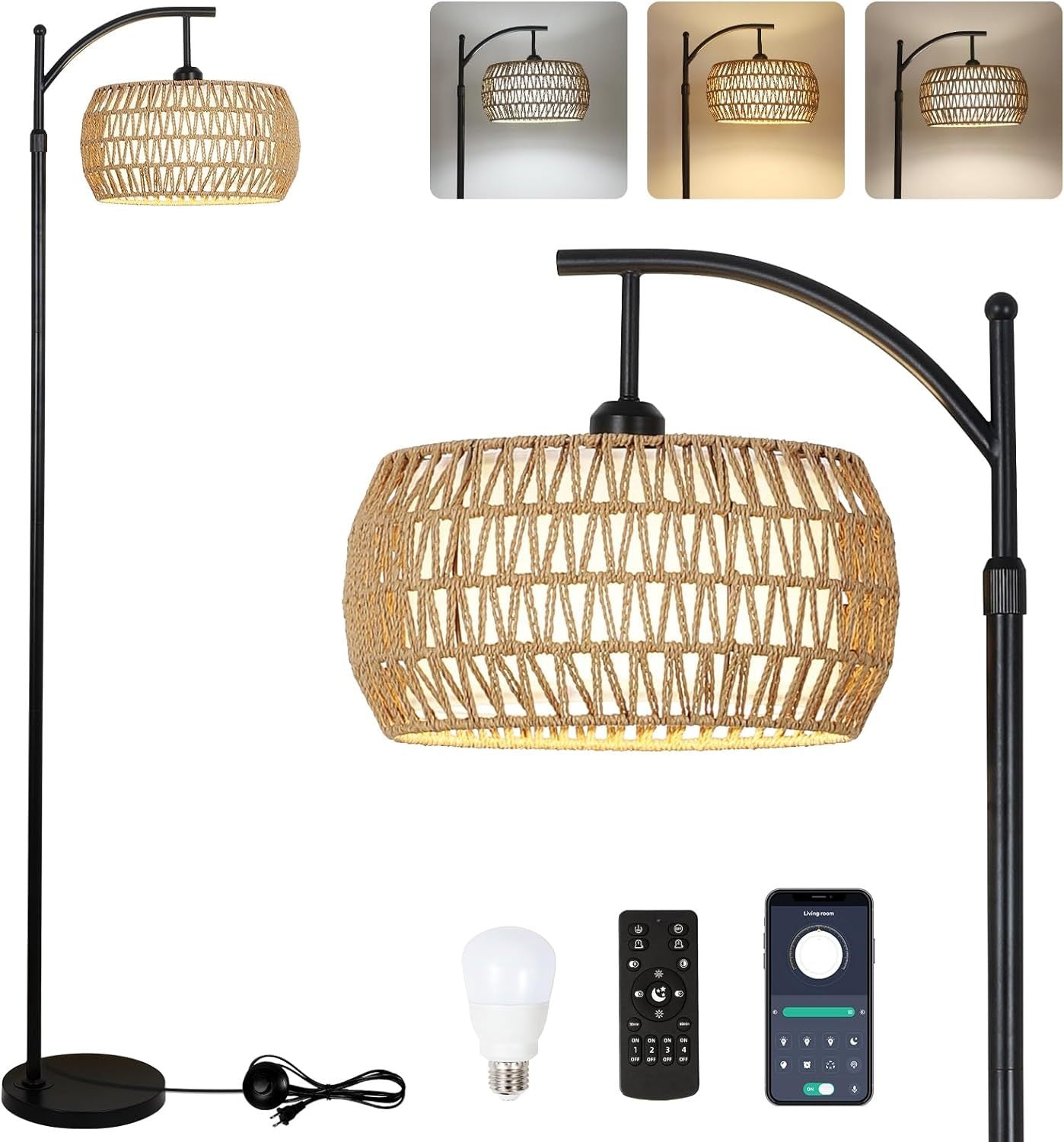 GOMYHOME Arc Floor Lamp with Remote Control, Dimmable LED Floor Lamp with 3 Color Temperature, Black Standing Lamp with Rattan & Fabric Double Drum Shade, Boho Farmhouse Tall Pole Lamp for Living Room Bedroom