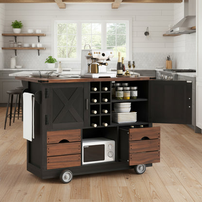 GOMYHOME Farmhouse Rolling Kitchen Island Cart with Drop Leaf, 4 Drawers, & 9-Bottle Wine Rack