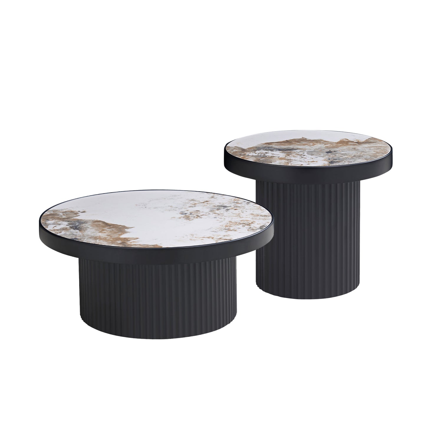 GOMYHOME Black Round Coffee Table Set of 2 with Sintered Stone Top in Black for living room