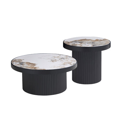 GOMYHOME Black Round Coffee Table Set of 2 with Sintered Stone Top in Black for living room