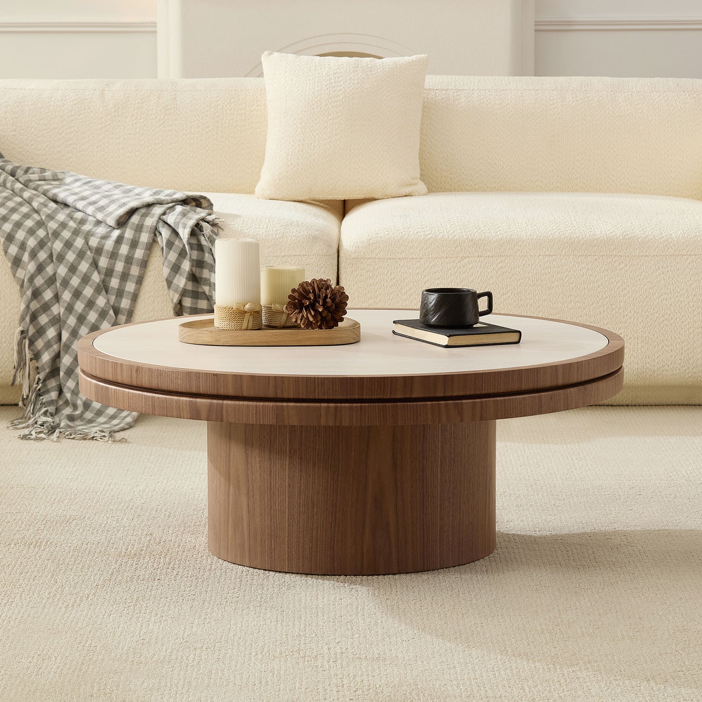 GOMYHOME Walnut 35.43" Round Coffee Table with Sintered Stone Top in Walnut for living room