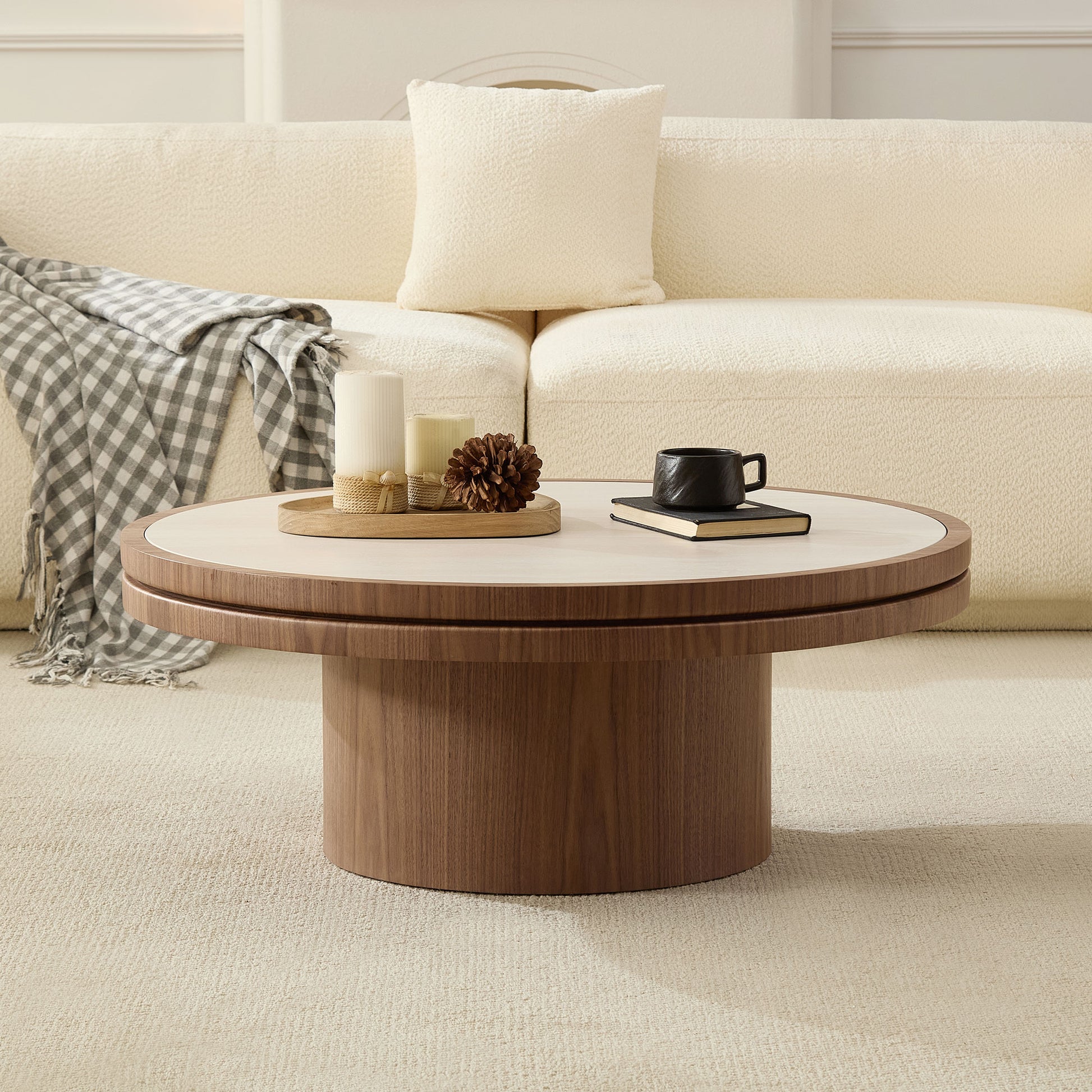 GOMYHOME Walnut 35.43" Round Coffee Table with Sintered Stone Top in Walnut for living room