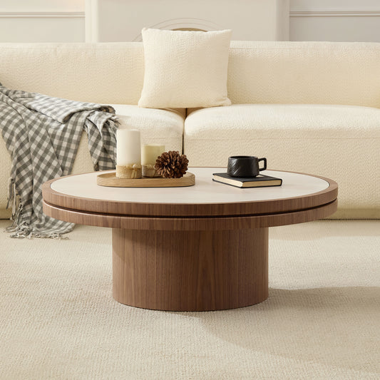 GOMYHOME Walnut 35.43" Round Coffee Table with Sintered Stone Top in Walnut for living room