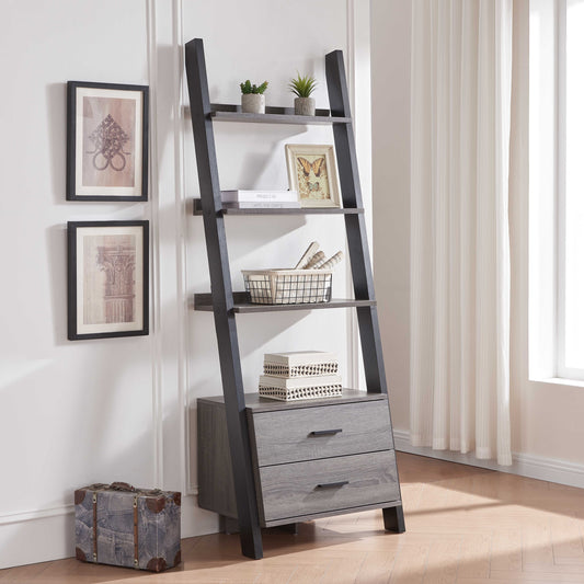 Two-Drawer Ladder Bookcase, Distressed Grey & Black Two-Tone Finish