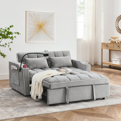 GOMYHOME 55.51 inch versatile foldable sofa bed in 3 lengths, modern sofa sofa sofa velvet pull-out bed, adjustable back and with USB port and ashtray and swivel phone stand (Grey)