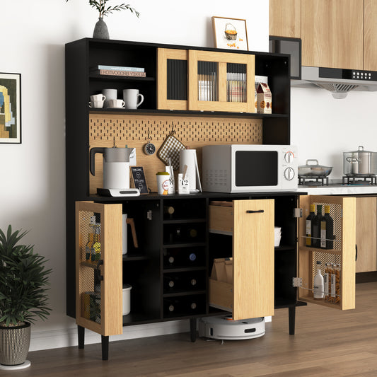 59" Buffet Sideboard Cabinet with Storage Doors, Wine Rack & Power Outlet, Black/Natural