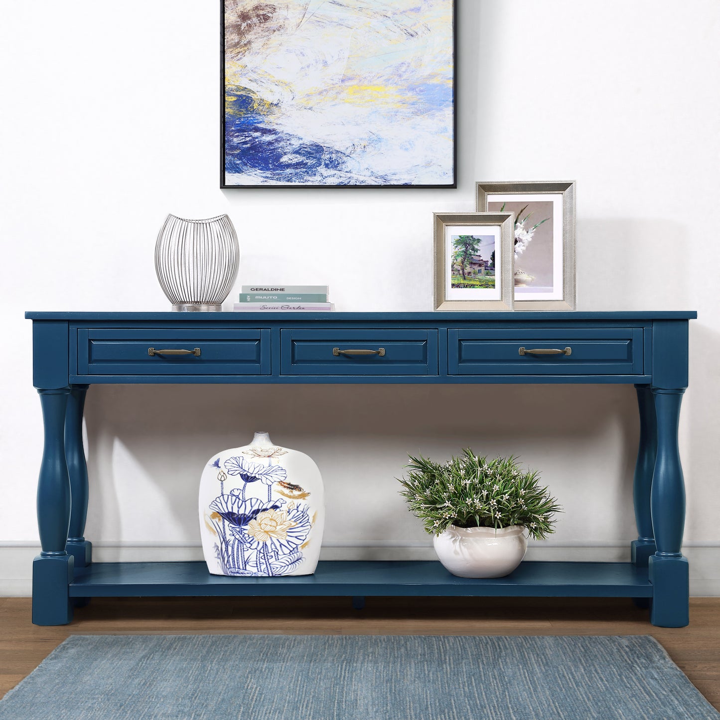 GOMYHOME Pine 63.38" Console Table for living room Navy Blue for living room