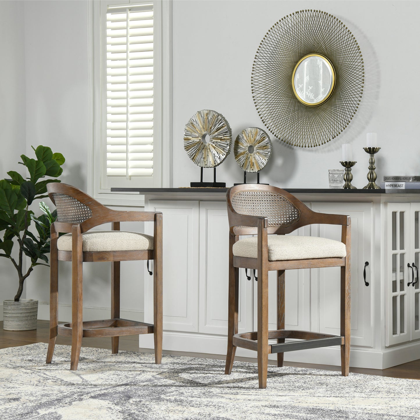 GOMYHOME Counter Height Bar Stool, Cane Back Upholstered Seat with Solid Wood Frame, Beige