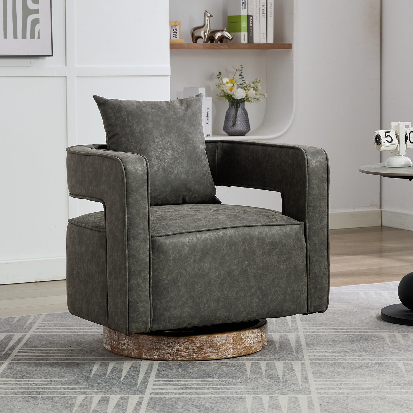 GOMYHOME 28.9-Inch Gray PU Upholstered 360° Swivel Barrel Accent Chair