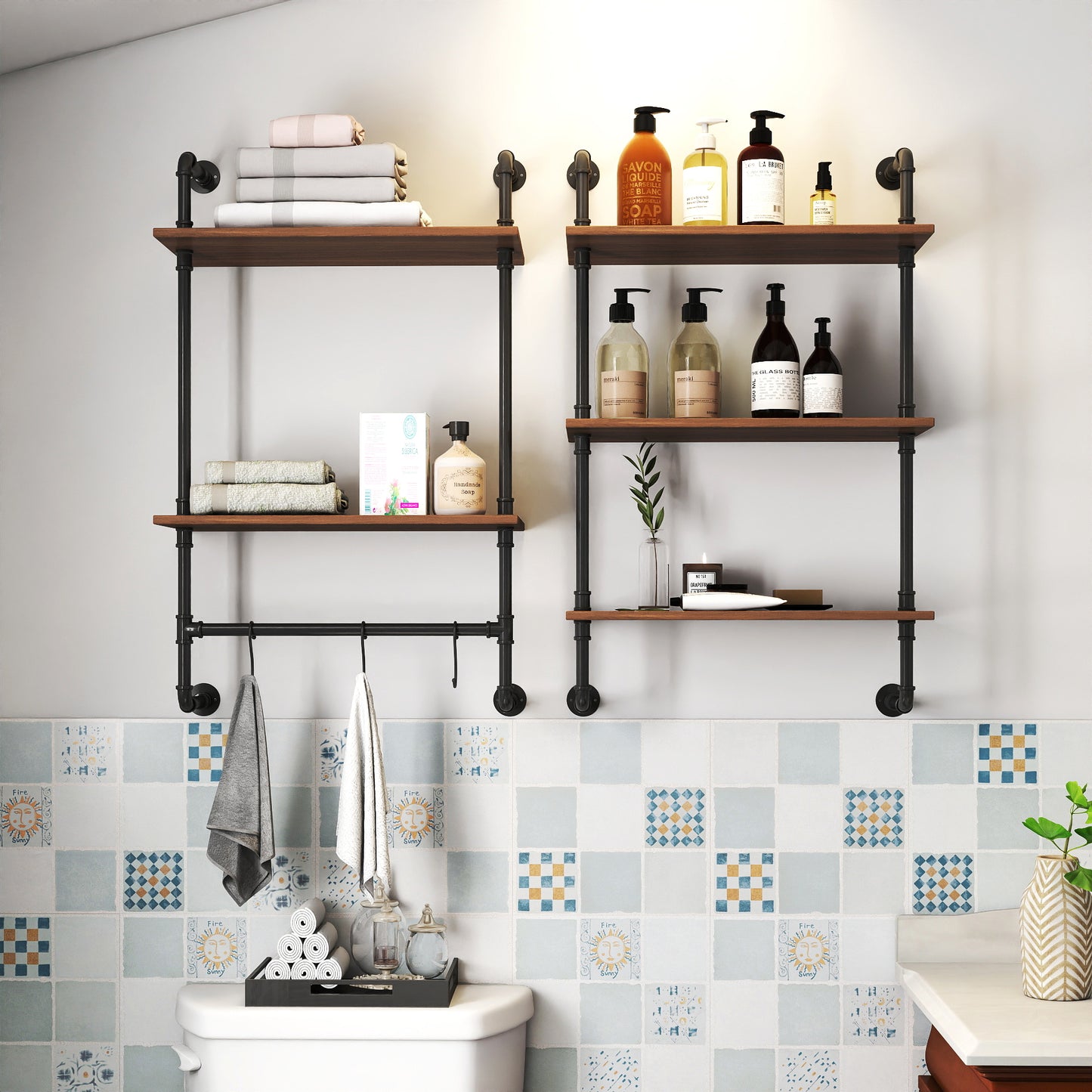GOMYHOME Industrial Pipe Shelf 3 Tier and 2 Tier Wall Mounted Shelves  36in Wood Display Shelves, and 3 additional hooks,Farmhouse Kitchen Bar Shelf, DIY Bookshelf Unit Hanging Wall Shelves for Bedroom...