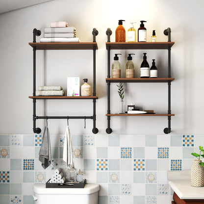 GOMYHOME Industrial Pipe Shelf 3 Tier and 2 Tier Wall Mounted Shelves  36in Wood Display Shelves, and 3 additional hooks,Farmhouse Kitchen Bar Shelf, DIY Bookshelf Unit Hanging Wall Shelves for Bedroom...