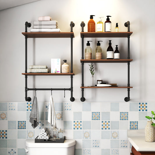 GOMYHOME Industrial Pipe Shelf 3 Tier and 2 Tier Wall Mounted Shelves  36in Wood Display Shelves, and 3 additional hooks,Farmhouse Kitchen Bar Shelf, DIY Bookshelf Unit Hanging Wall Shelves for Bedroom...