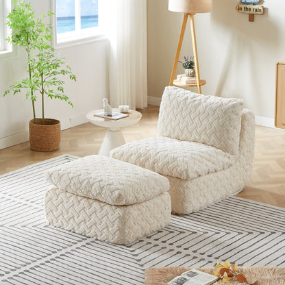 GOMYHOME Cozy Faux Fur Chaise Lounge & Ottoman Set | Armless Modular Accent Chair Creamy White