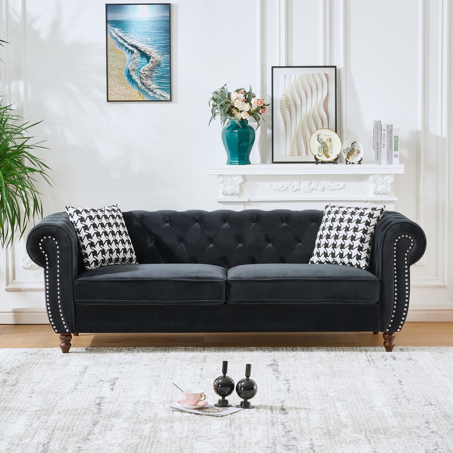 GOMYHOME Black 87" Chesterfield Velvet Sofa Black for modern living room