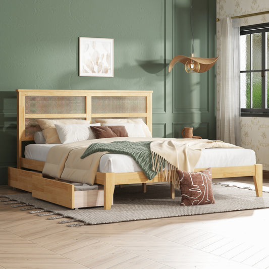 King Size Bed with Rattan Headboard, 2 Storage Drawers & Solid Wood Frame, White Oak
