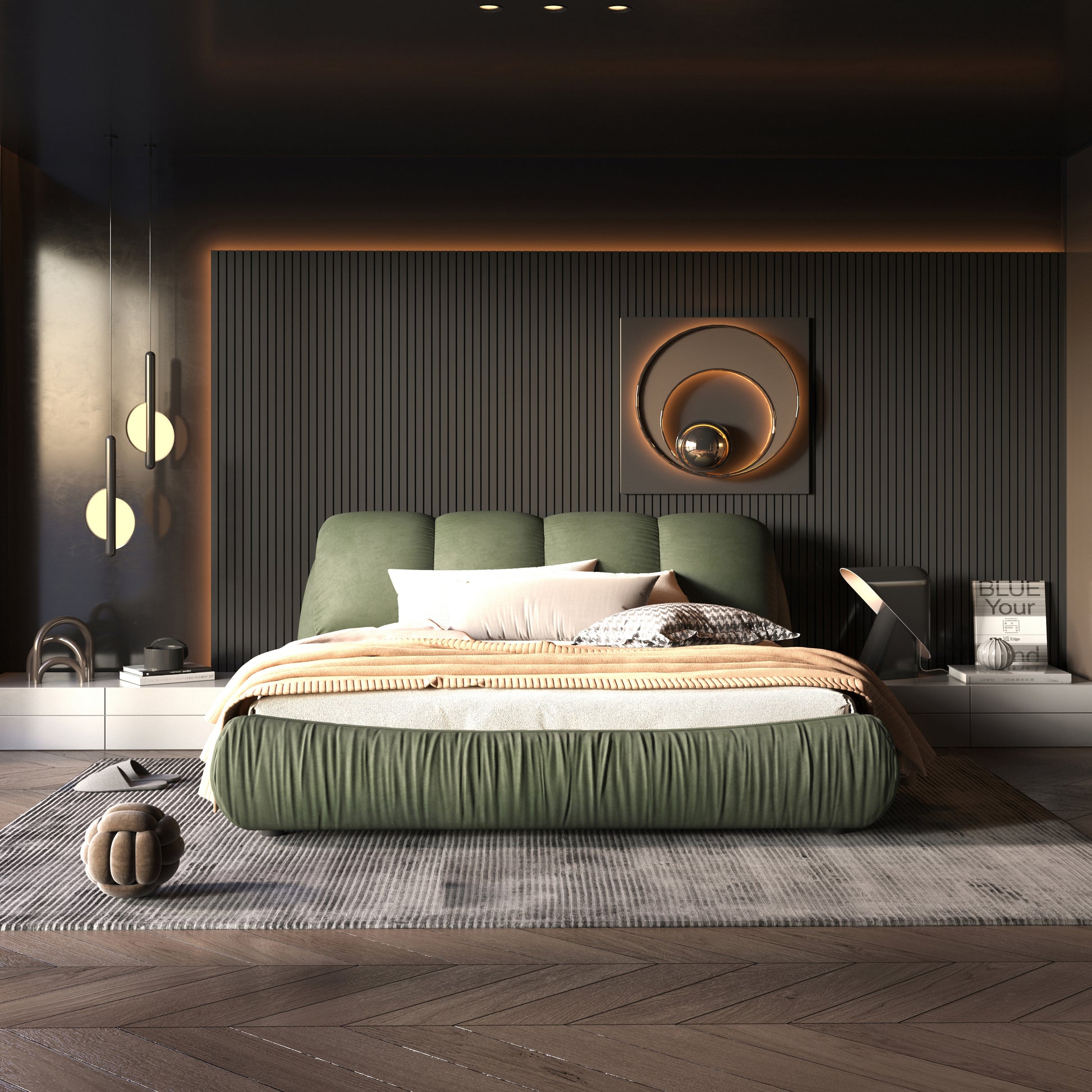 GOMYHOME green oversized backrest upholstered platform bed main product image