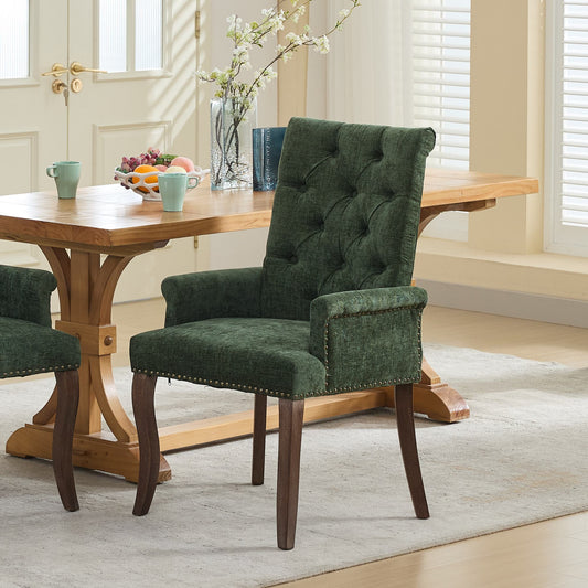 Chenille Olive Green Upholstered Dining Chair with Arms, Tufted Accent Chair