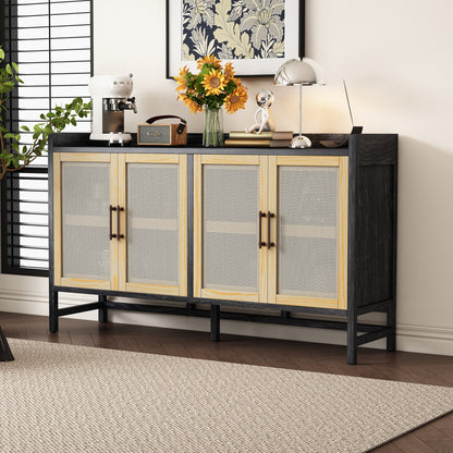 '-Rustic Black & Natural Sideboard Buffet Cabinet with Decorative Rattan Doors & Storage