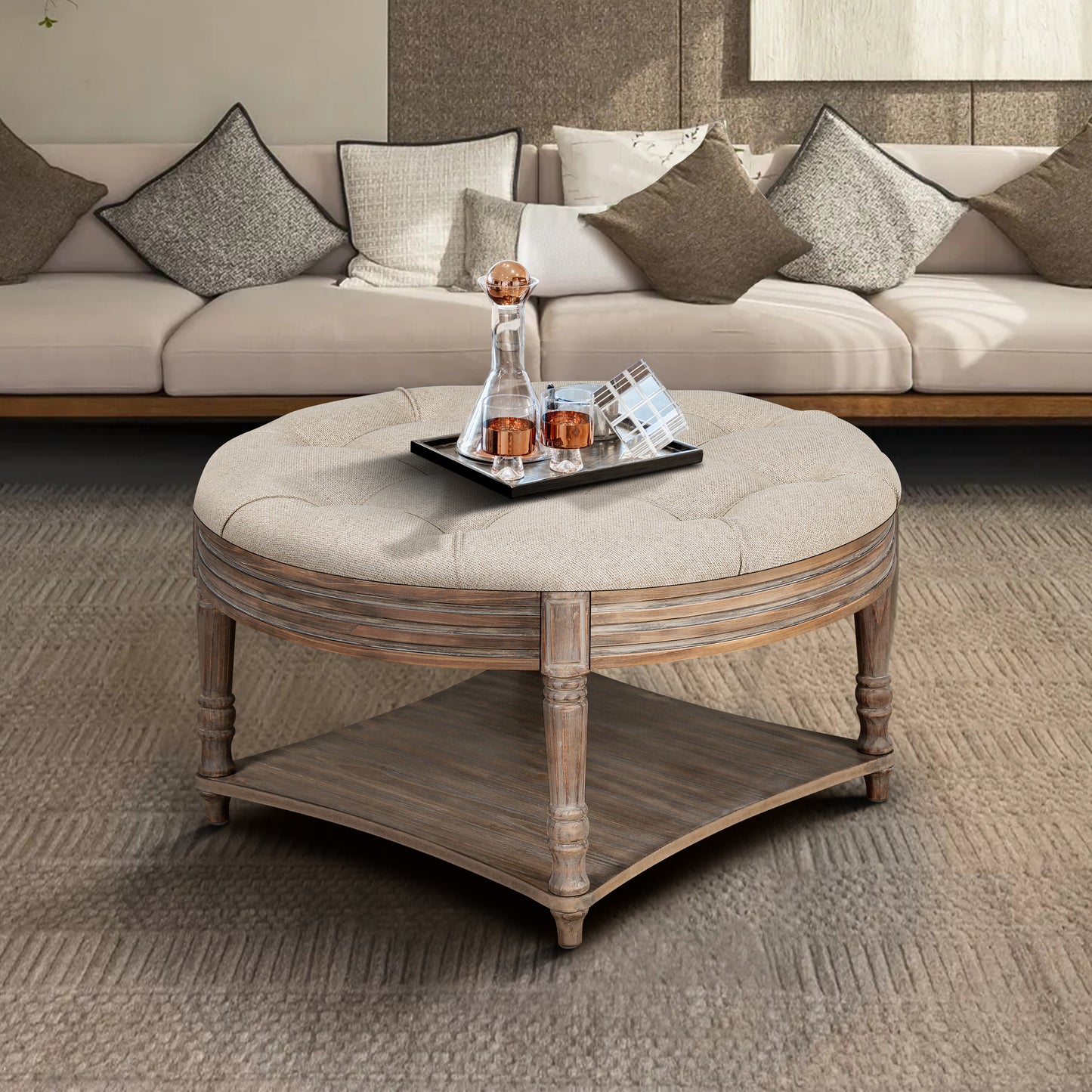 GOMYHOME Linen Neutral Round Tufted Ottoman Coffee Table with Storage Shelf