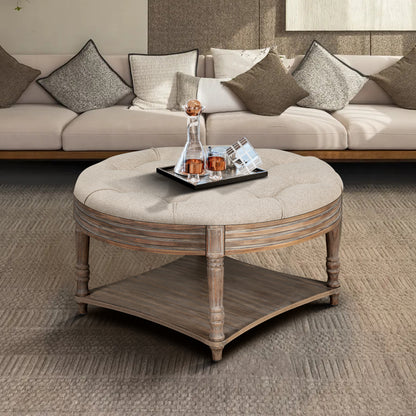 GOMYHOME Linen Neutral Round Tufted Ottoman Coffee Table with Storage Shelf