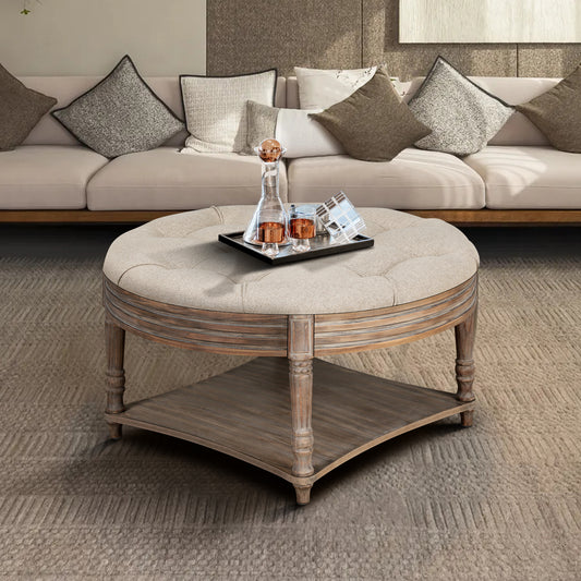 GOMYHOME Linen Neutral Round Tufted Ottoman Coffee Table with Storage Shelf