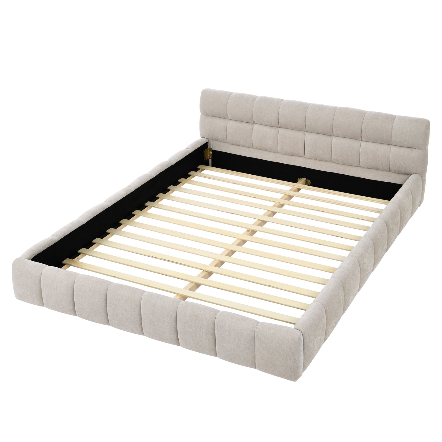 GOMYHOME Beige Queen Chenille Platform Bed Frame, No Box Spring Needed