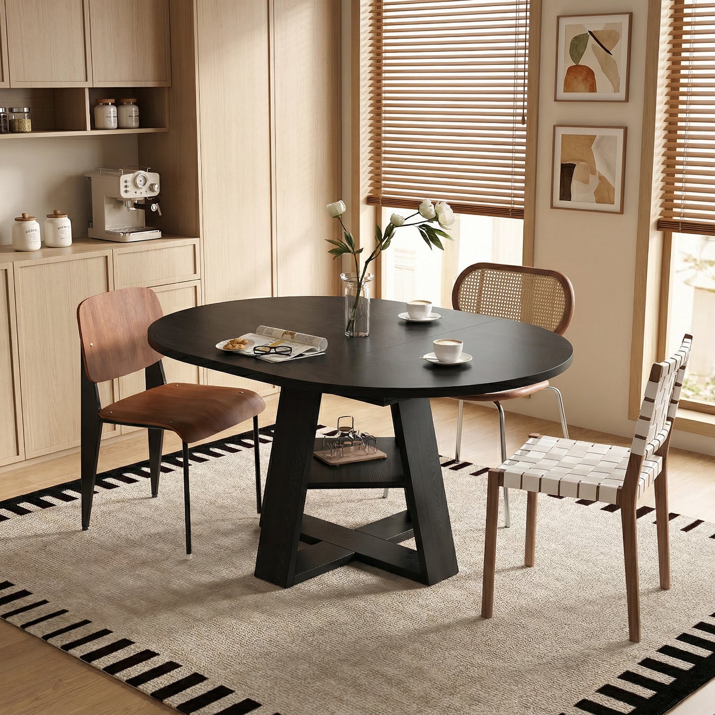 GOMYHOME Extendable Round Dining Table for 4-8, Wood Table with Storage Shelf, Black