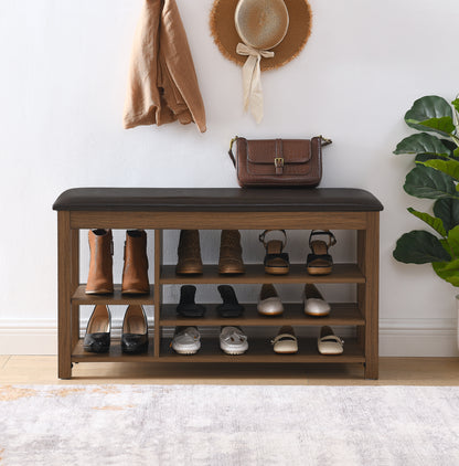 Adjustable Shoe Bench with Storage, PU Leather Cushion, Natural Rubberwood, Brown