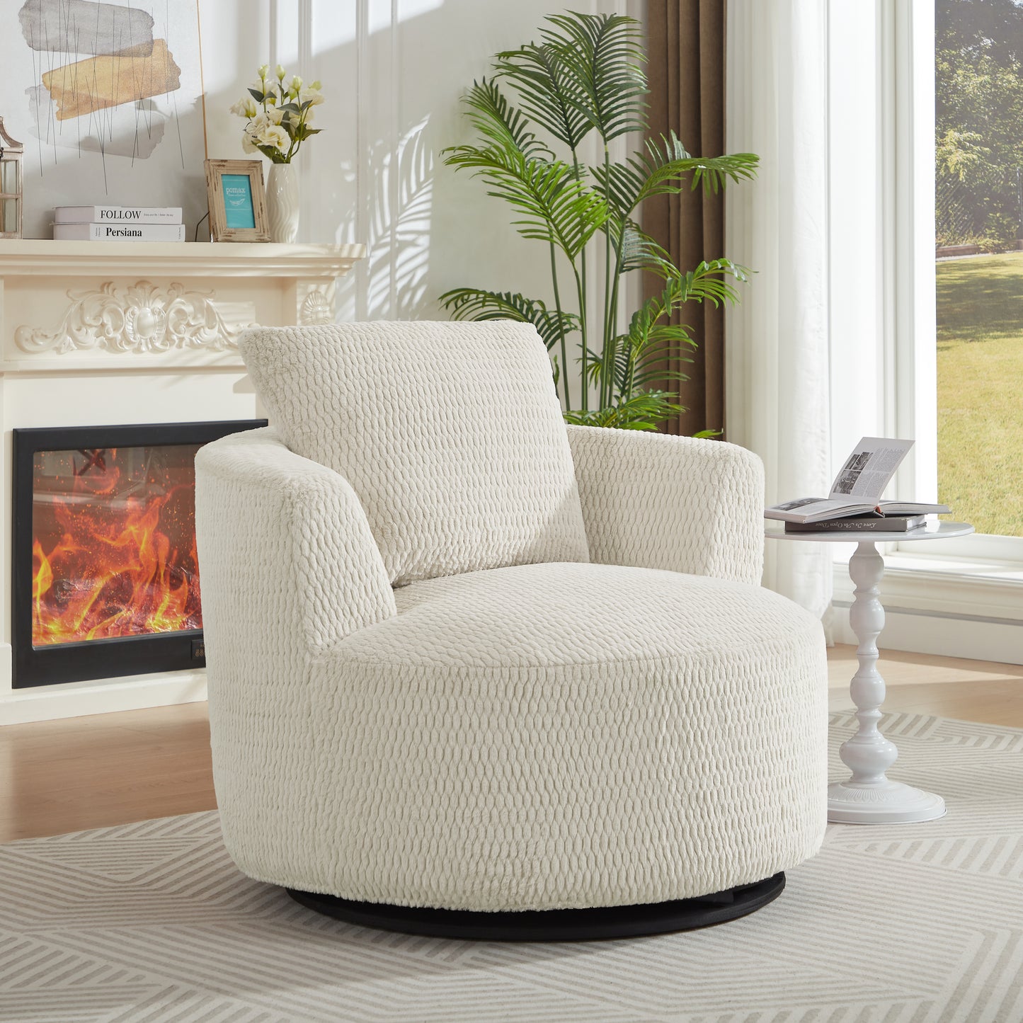 GOMYHOME Modern Swivel Barrel Accent Chair,  Ivory faux fur