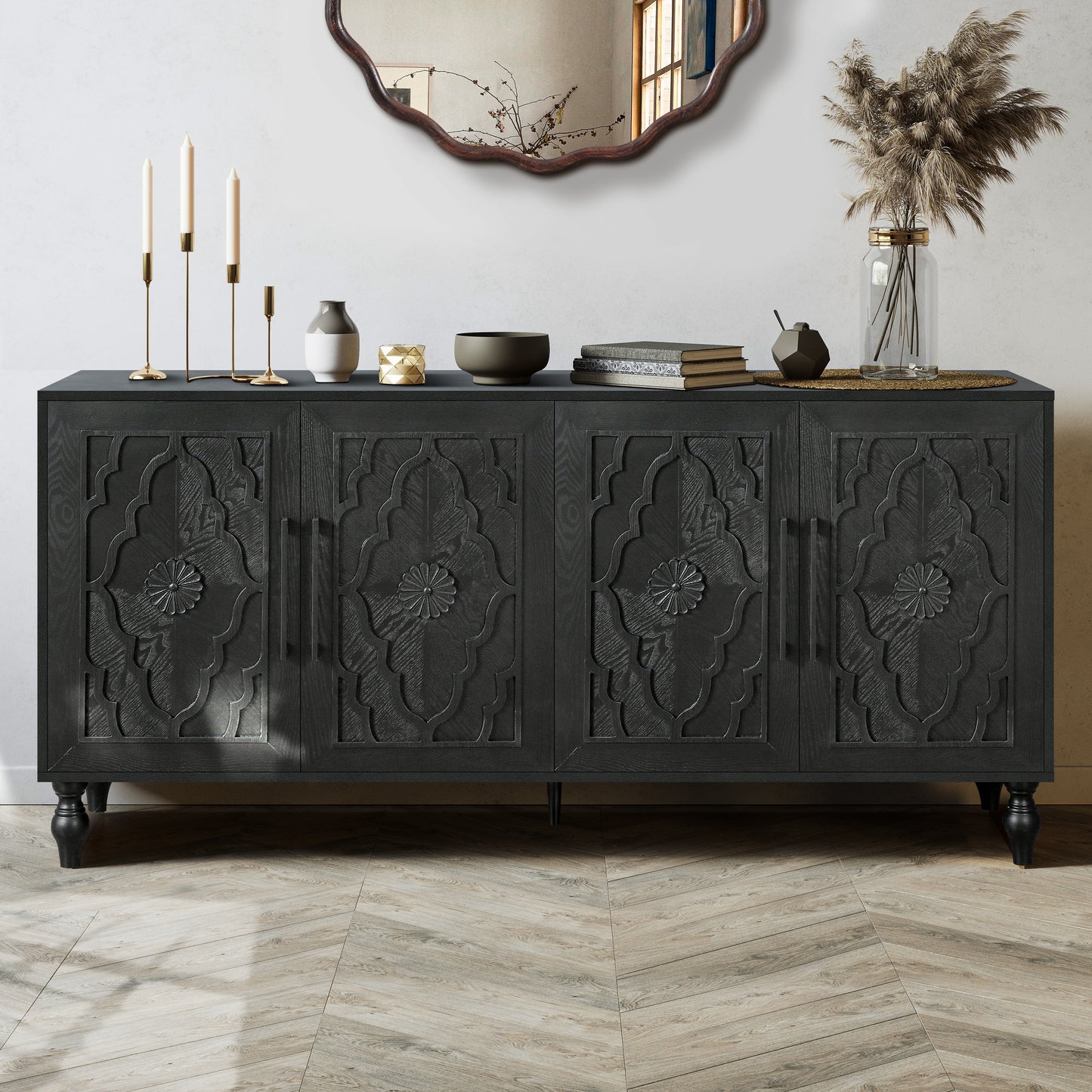 GOMYHOME Black Carved Accent Storage Cabinet for Living Room for Living Room Storage