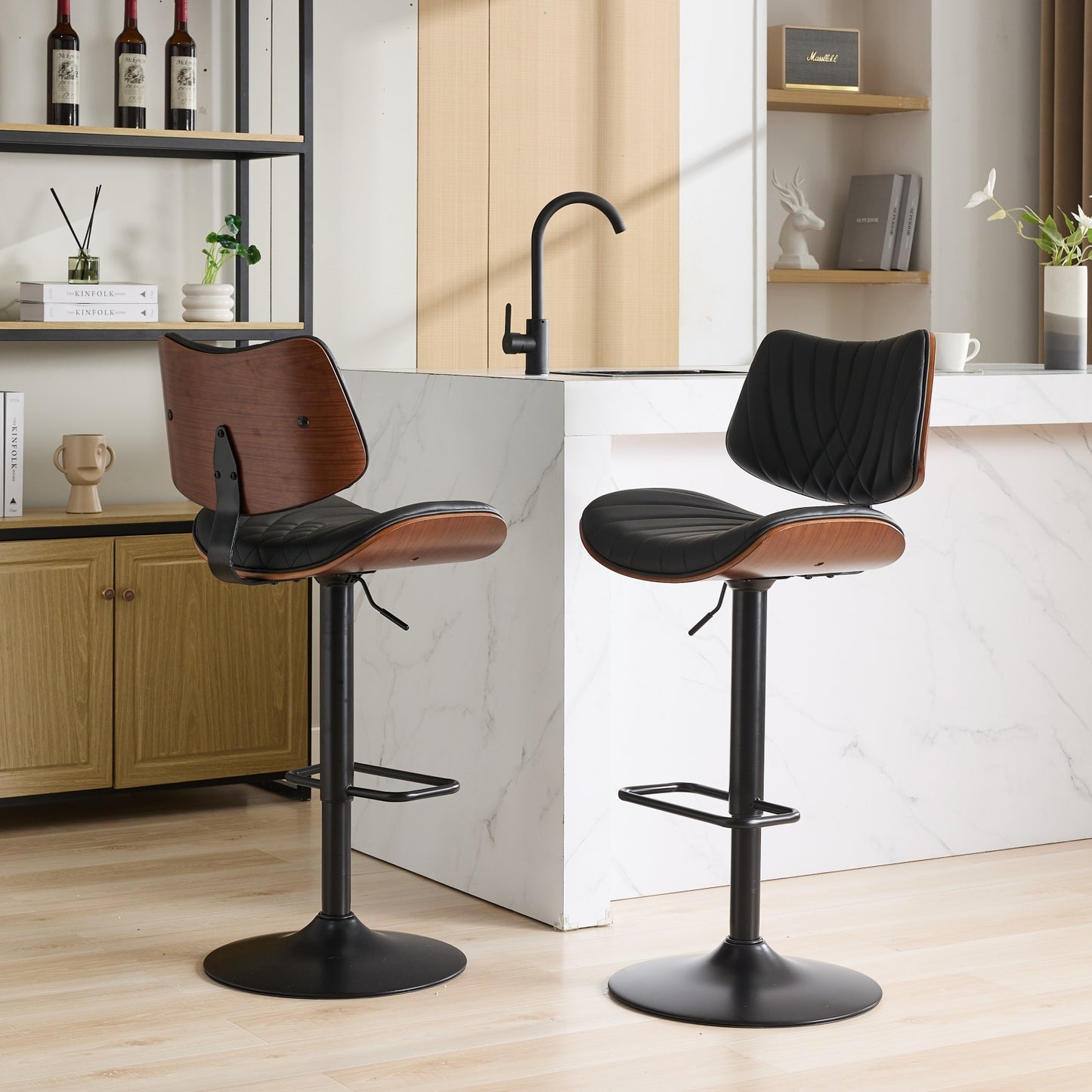 GOMYHOME Beige Mid-Century Modern PU Leather Adjustable Swivel Bar Stools, Set of 2