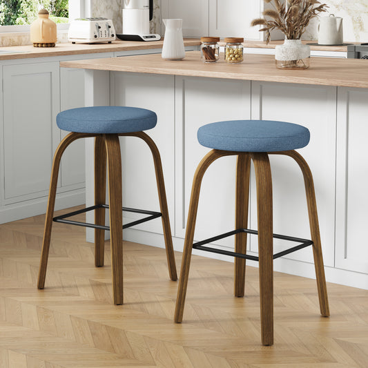 GOMYHOME Swivel Bar Stools Set of 2, 30in Backless Bar Chairs, Upholstered Seat, Blue