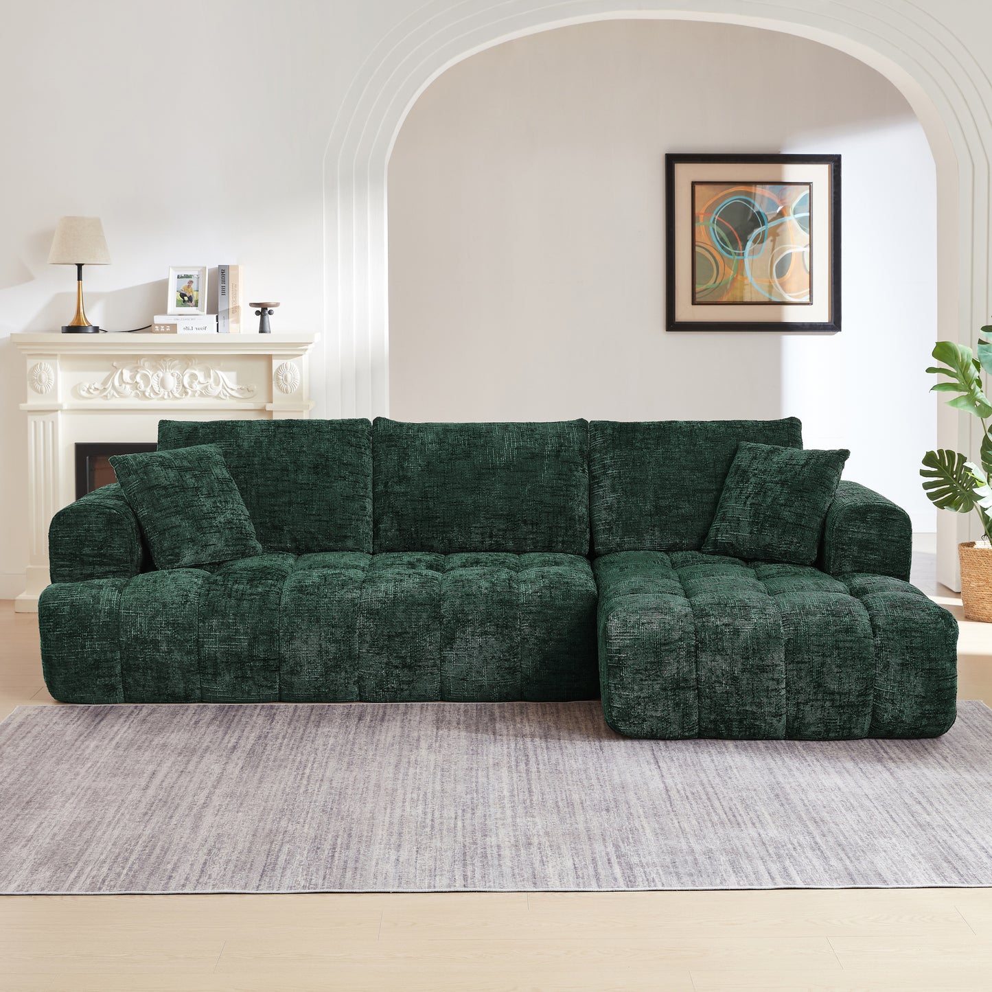 GOMYHOME Chenille L-Shaped Sectional Sofa, 4-Seat Minimalist Sleeper Couch, Dark Green