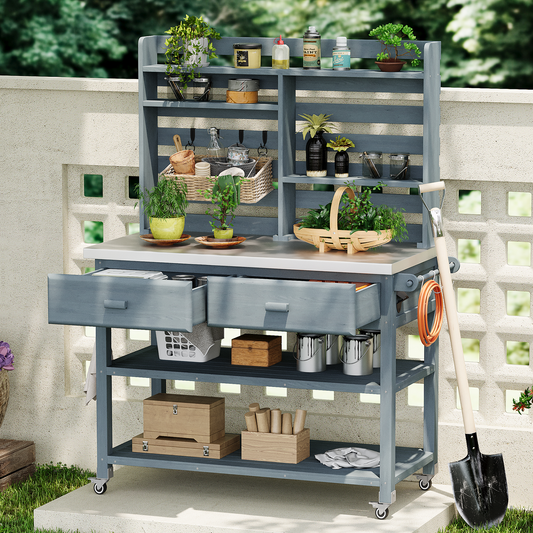 Solid Wood Outdoor Kitchen Island with Upper Hutch and Stainless Steel Countertop, Natural Finish