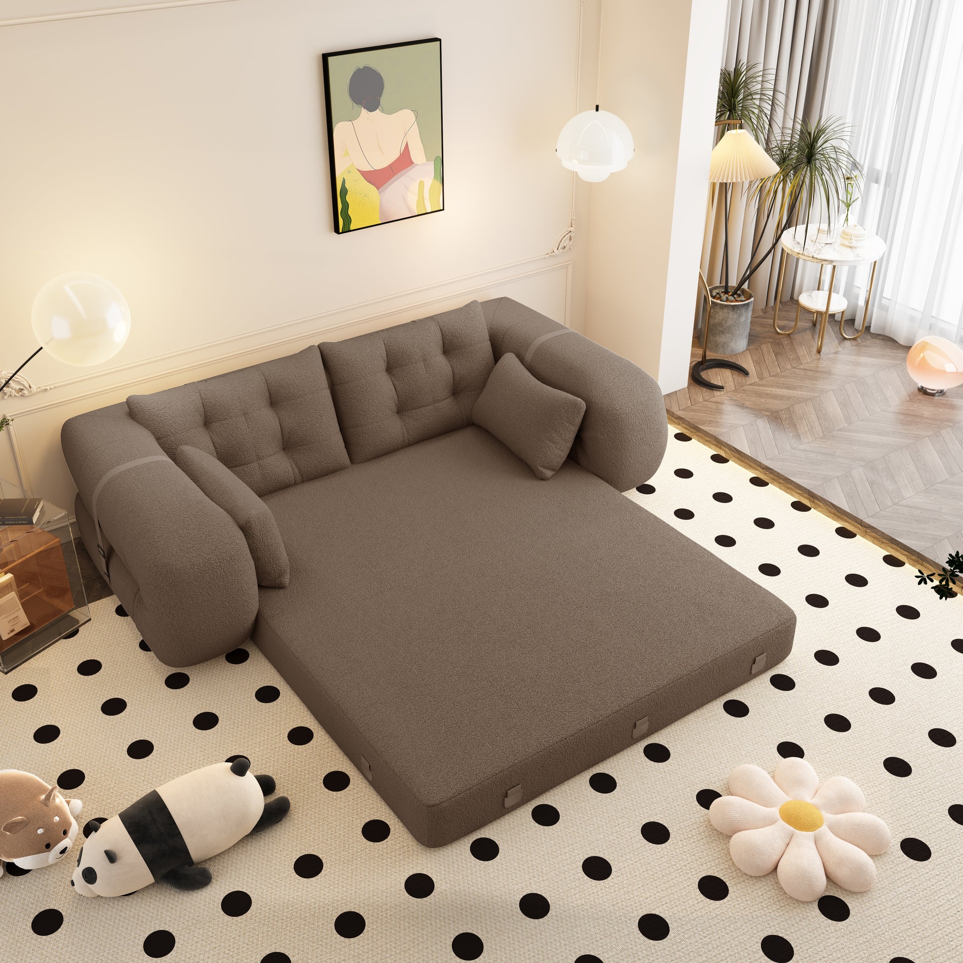 GOMYHOME brown 3-in-1 teddy foldable sofa bed main product image