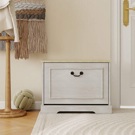 Shoe Storage Bench with Flip Drawer & Adjustable Shelf, Small Shoe Cabinet, White