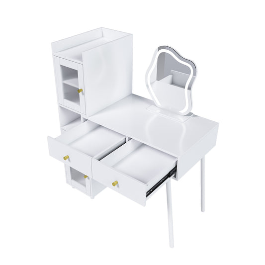 '-White Vanity Dressing Table with LED Mirror, 3 Drawers & Storage Cabinets, Makeup Desk