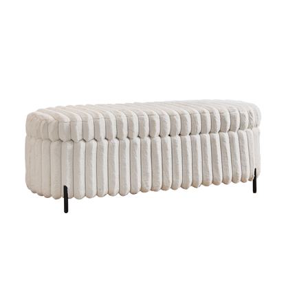 Beige Faux Fur Flip Top Storage Bench with Black Metal Legs, 49.2' Wide, Bed End Stool Foot Rest