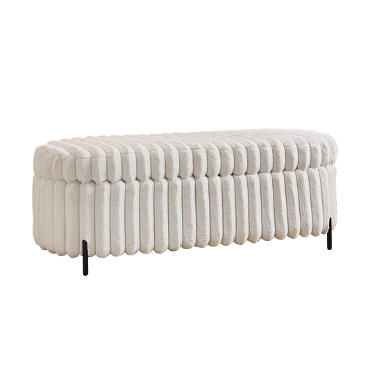 Beige Faux Fur Flip Top Storage Bench with Black Metal Legs, 49.2' Wide, Bed End Stool Foot Rest