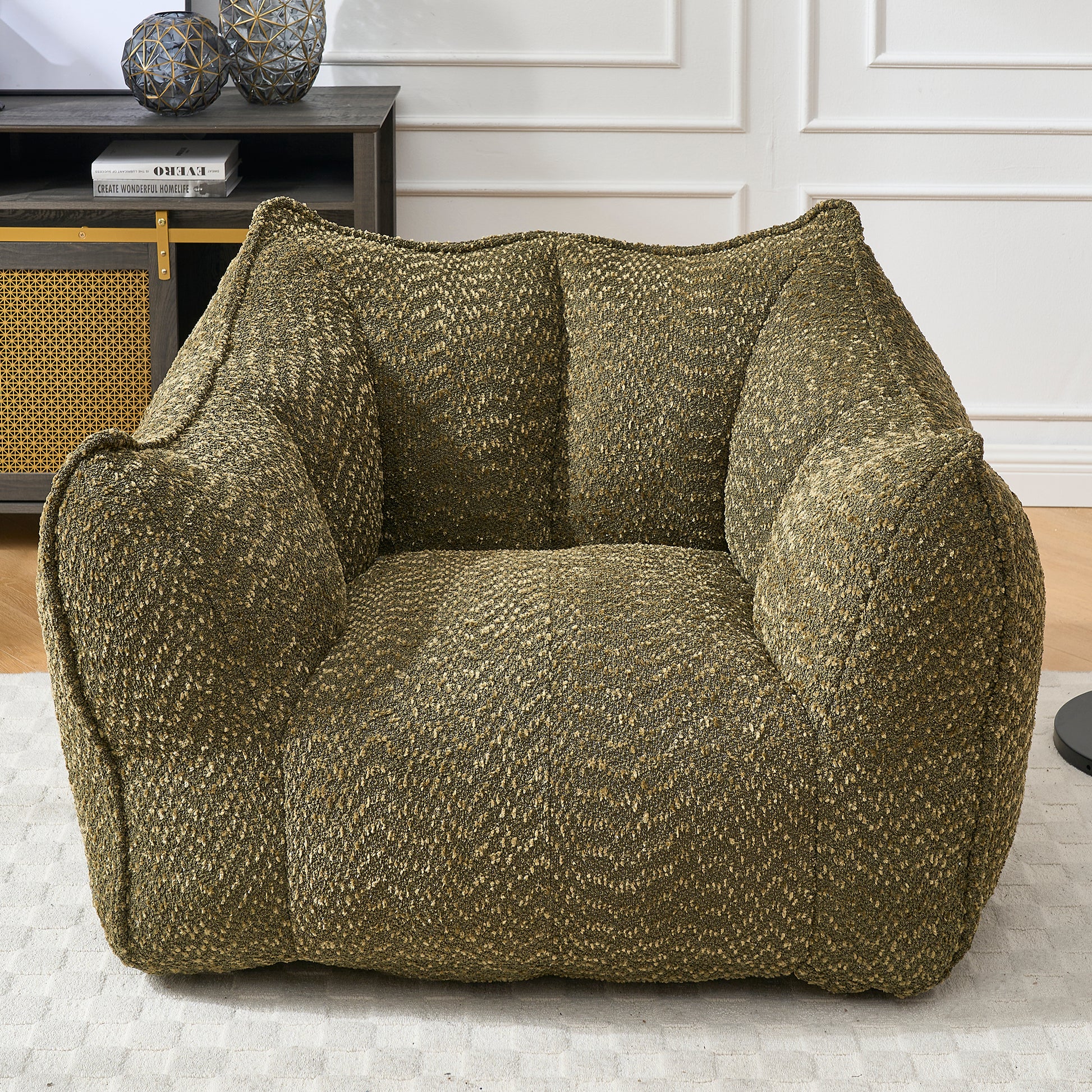 GOMYHOME olive green chenille bean bag chair with foam core for modern living room lounging