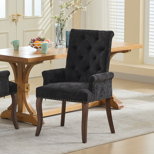 Tufted Chenille Accent Chair with Armrests and Curved Wood Legs, Black