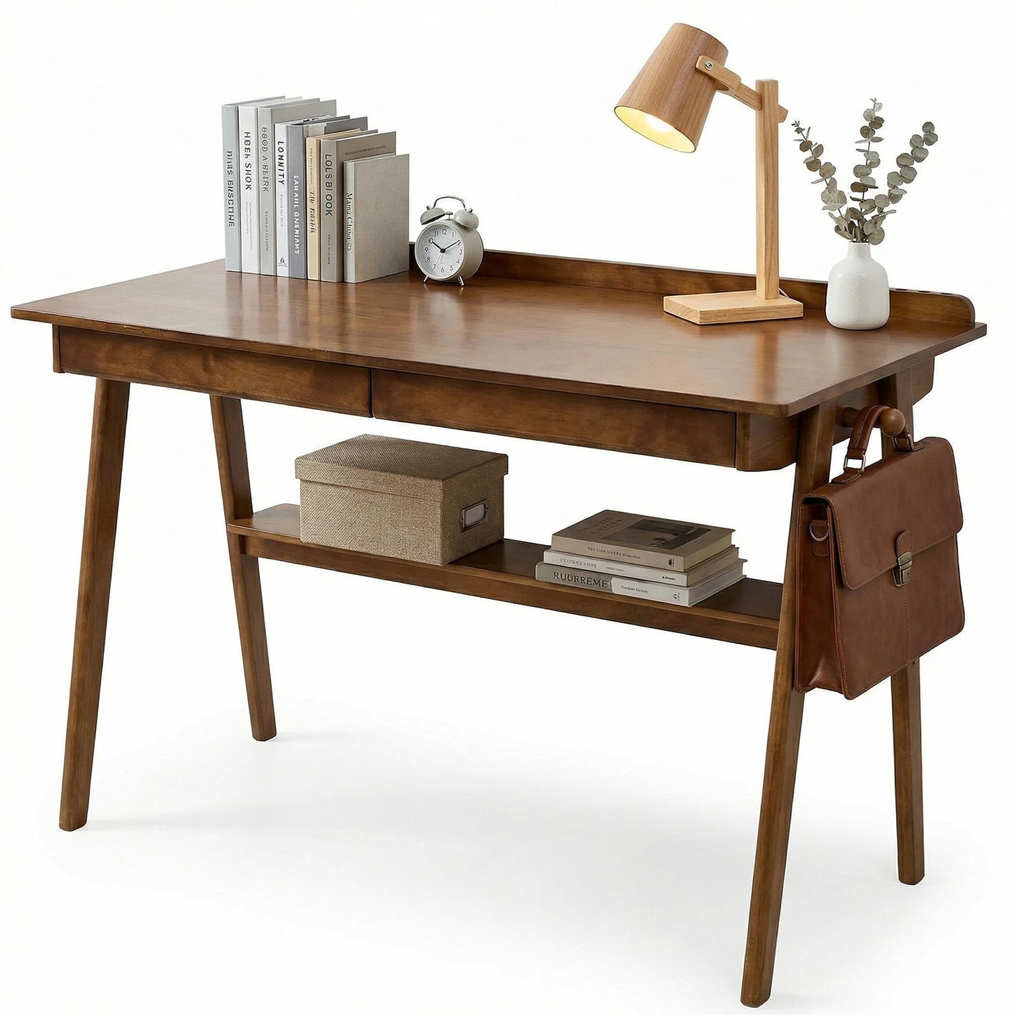 GOMYHOME Solid Wood Writing Desk with Drawers & Shelf, Mid-Century Walnut Desk