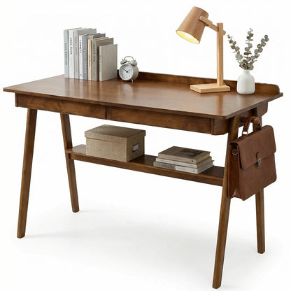 GOMYHOME Solid Wood Writing Desk with Drawers & Shelf, Mid-Century Walnut Desk