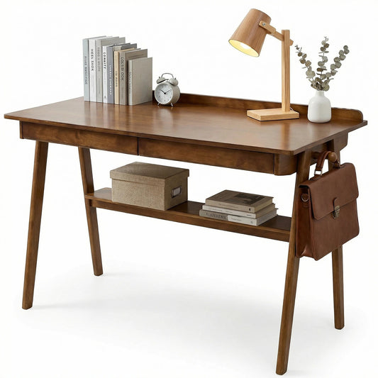 GOMYHOME Solid Wood Writing Desk with Drawers & Shelf, Mid-Century Walnut Desk